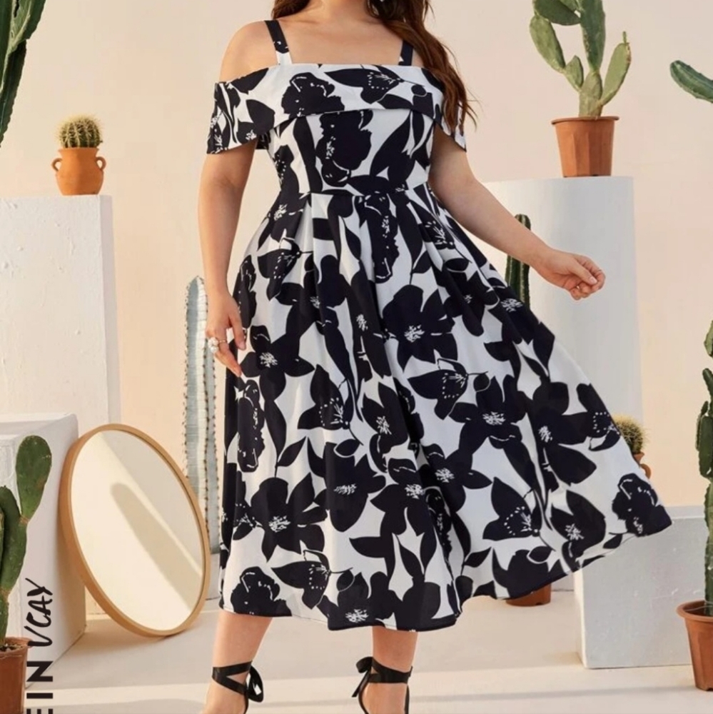 Cold Shoulder Blue Floral Midi Dress